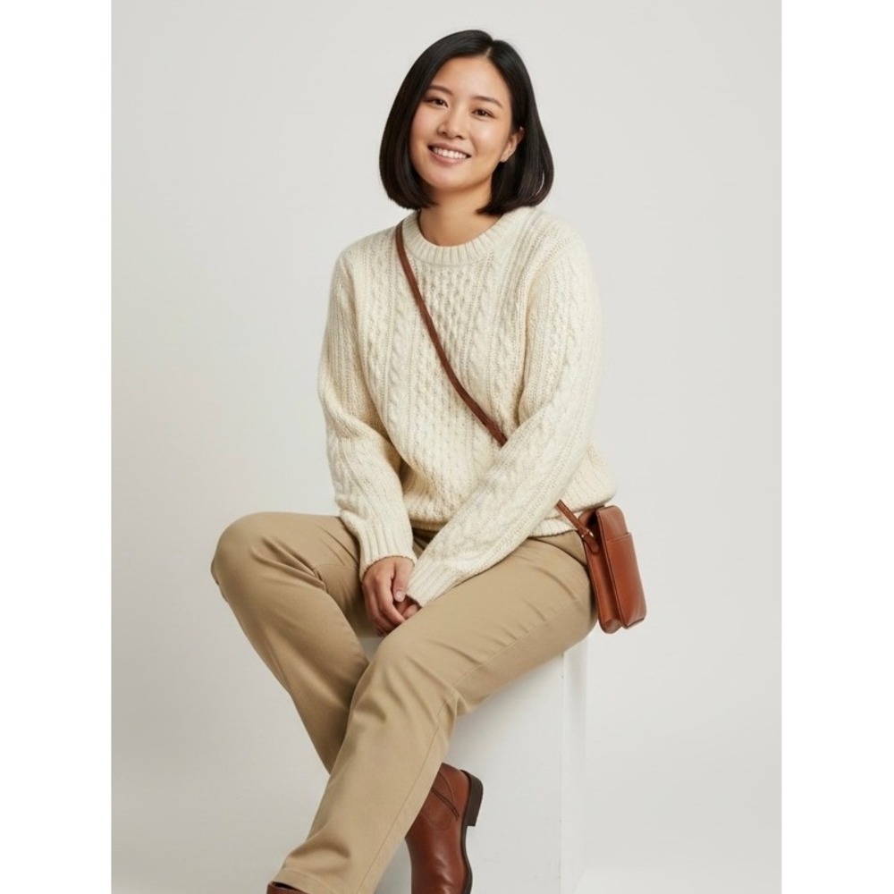 Columbia Cable Knit Sweater L Ivory Wool Blend Fisherman Gorpcore New England